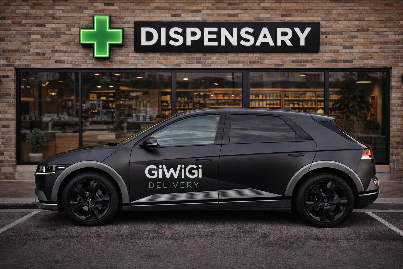 Car with 'GiwiGi Delivery' branding parked in front of a dispensary building.