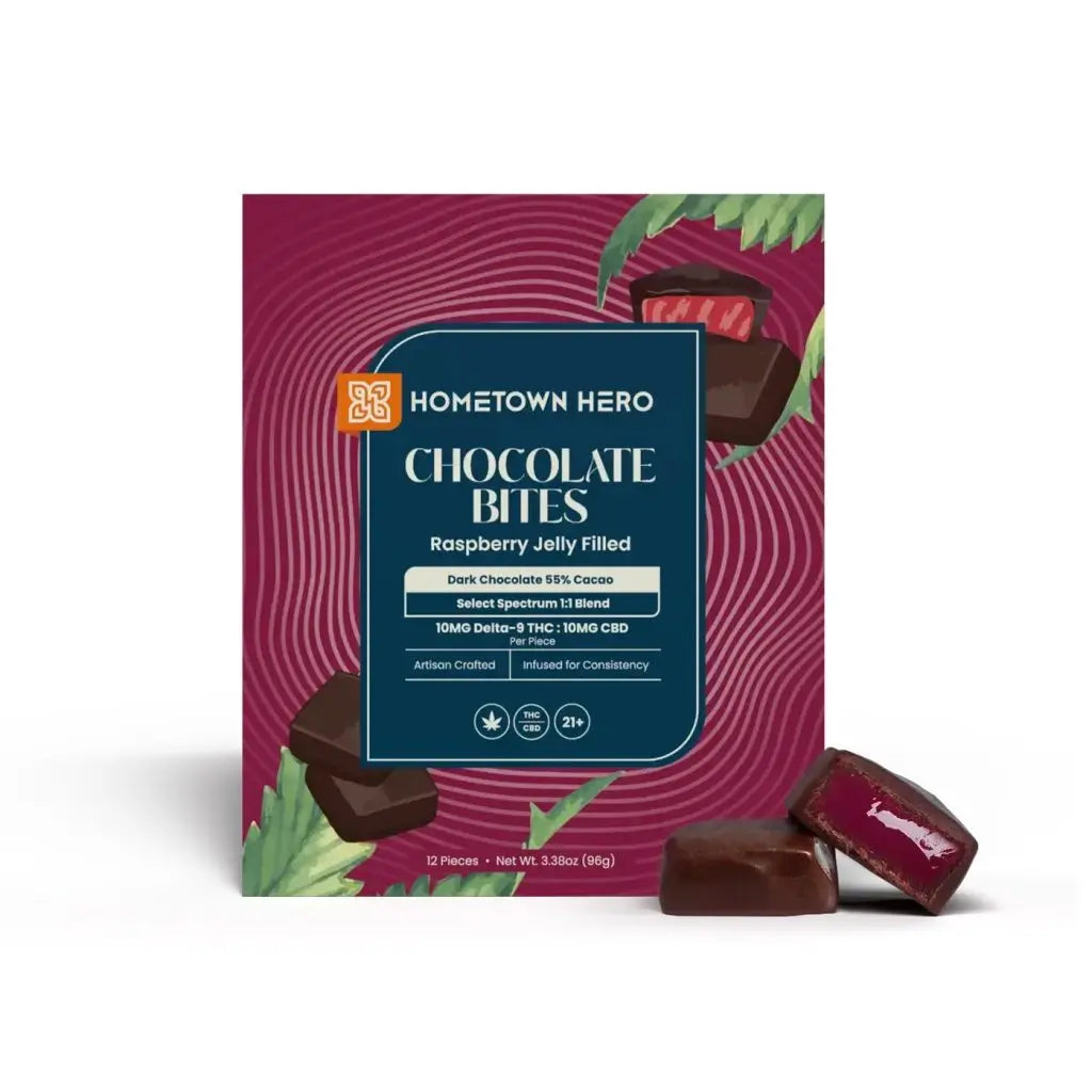 Raspberry Jelly Dark Chocolate Bites - Delta 9 + CBD (12ct)